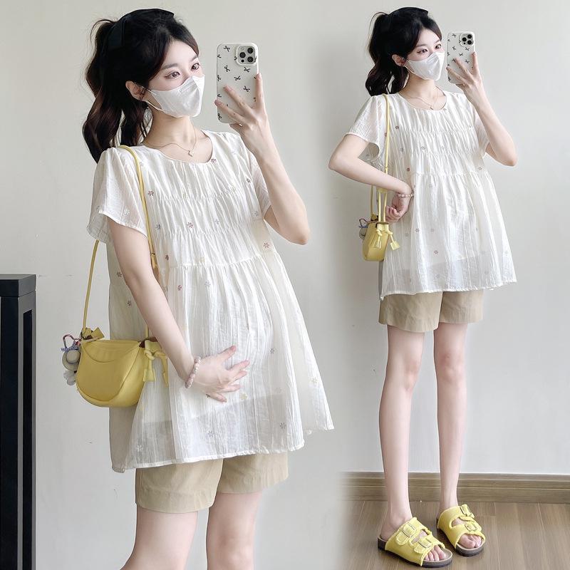 2026 Summer Korean Style Round Neck Maternity Doll Shirt Large