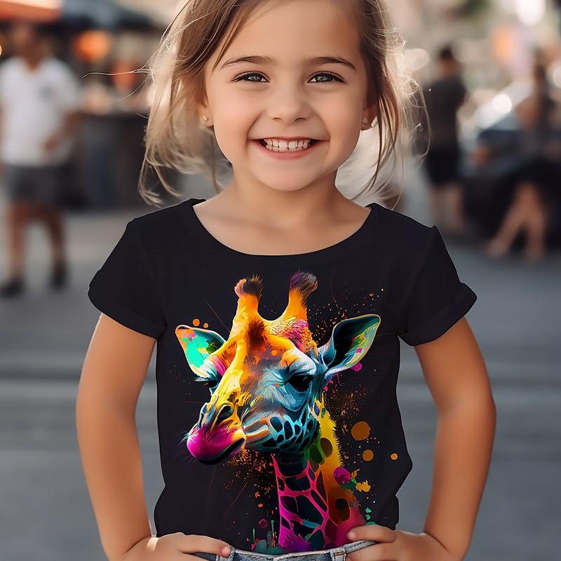 T-shirt Grafica a Fumetti Giraffa da Ragazza Maglietta Manica Corta Stampa Estate Primavera Attiva Moda Carino Bambini Esterno Casual Quotidiano