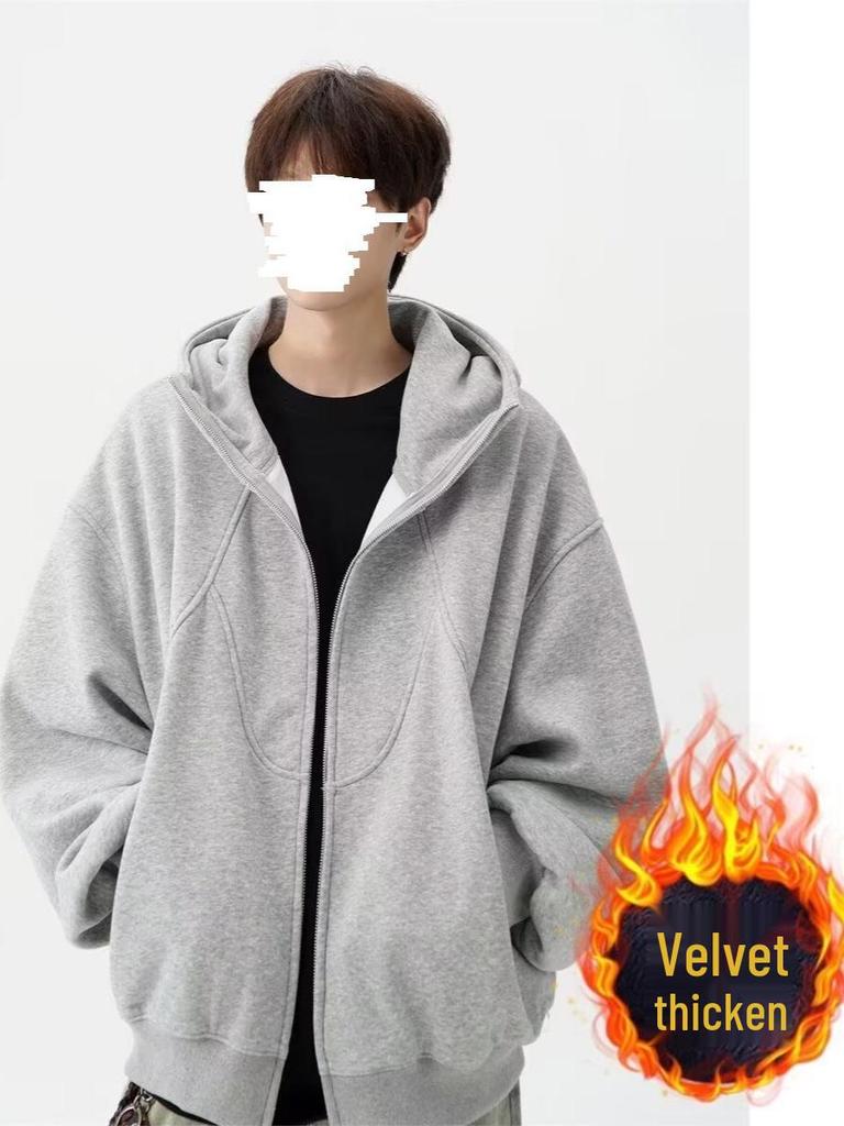 Men's Winter Hooded Cardigan - Trendy Casual Loose-Fit Pure Color Zipper Jacket