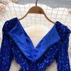 Vestido de una pieza con lentejuelas para mujer, vestido Sexy de manga larga con cuello en V, moda coreana, vestido de fiesta de noche Vintage 2024