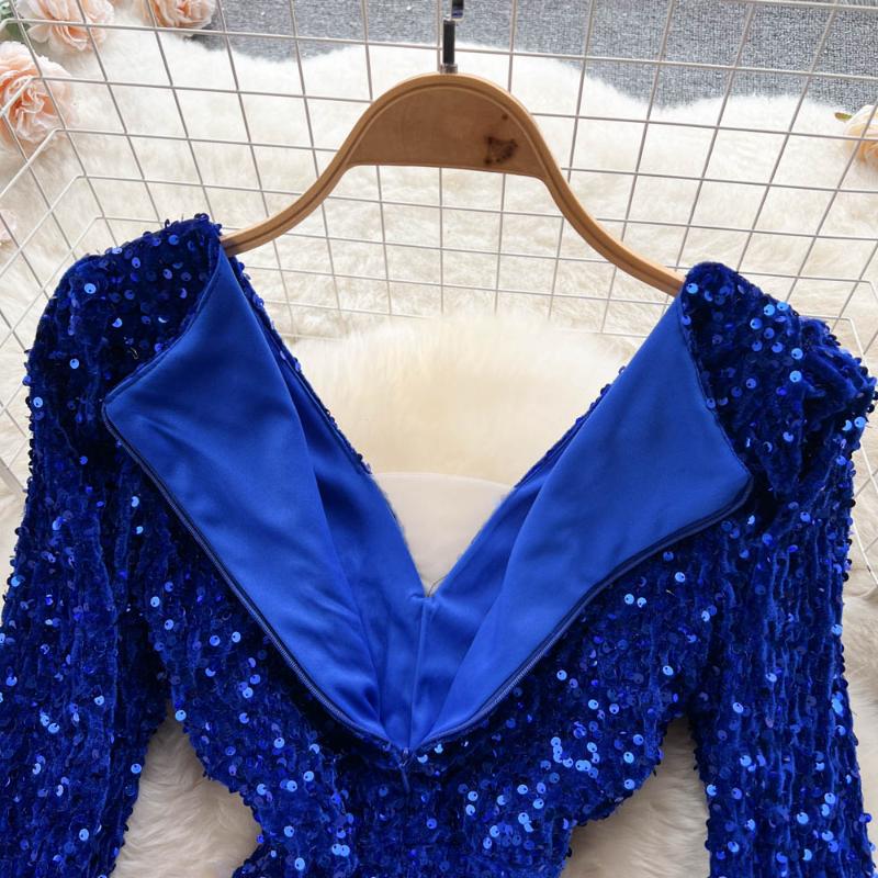 Winter Chic Sequin New One Piece Dress V-neck Long Sleeve Sexy Club Dresses Female Korean Fashion Vintage Evening Party Dress 2024