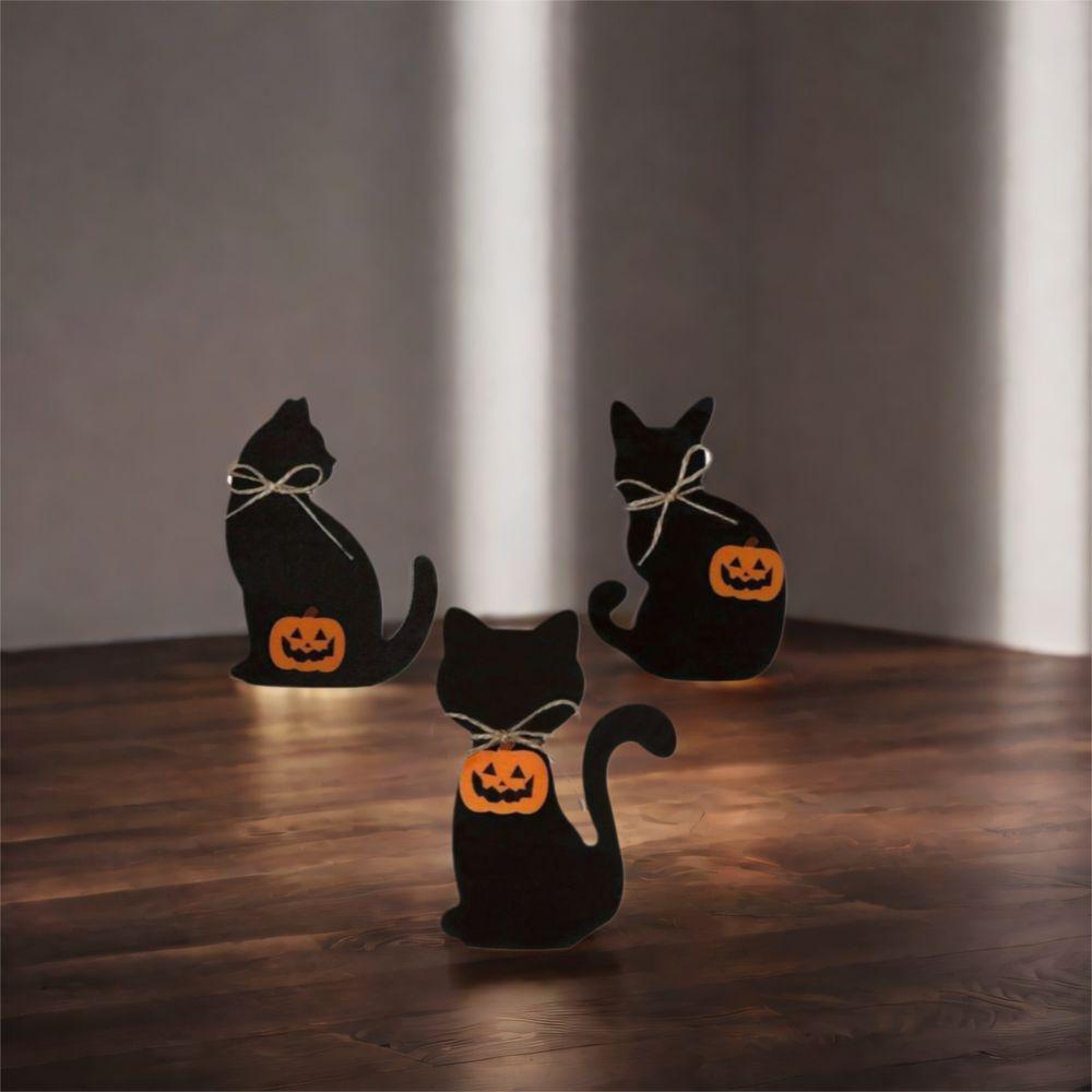 3pcs Vivid Halloween Black Cat Ornament Wooden Animal Statue Funny Cat Sculpture  Cabinet