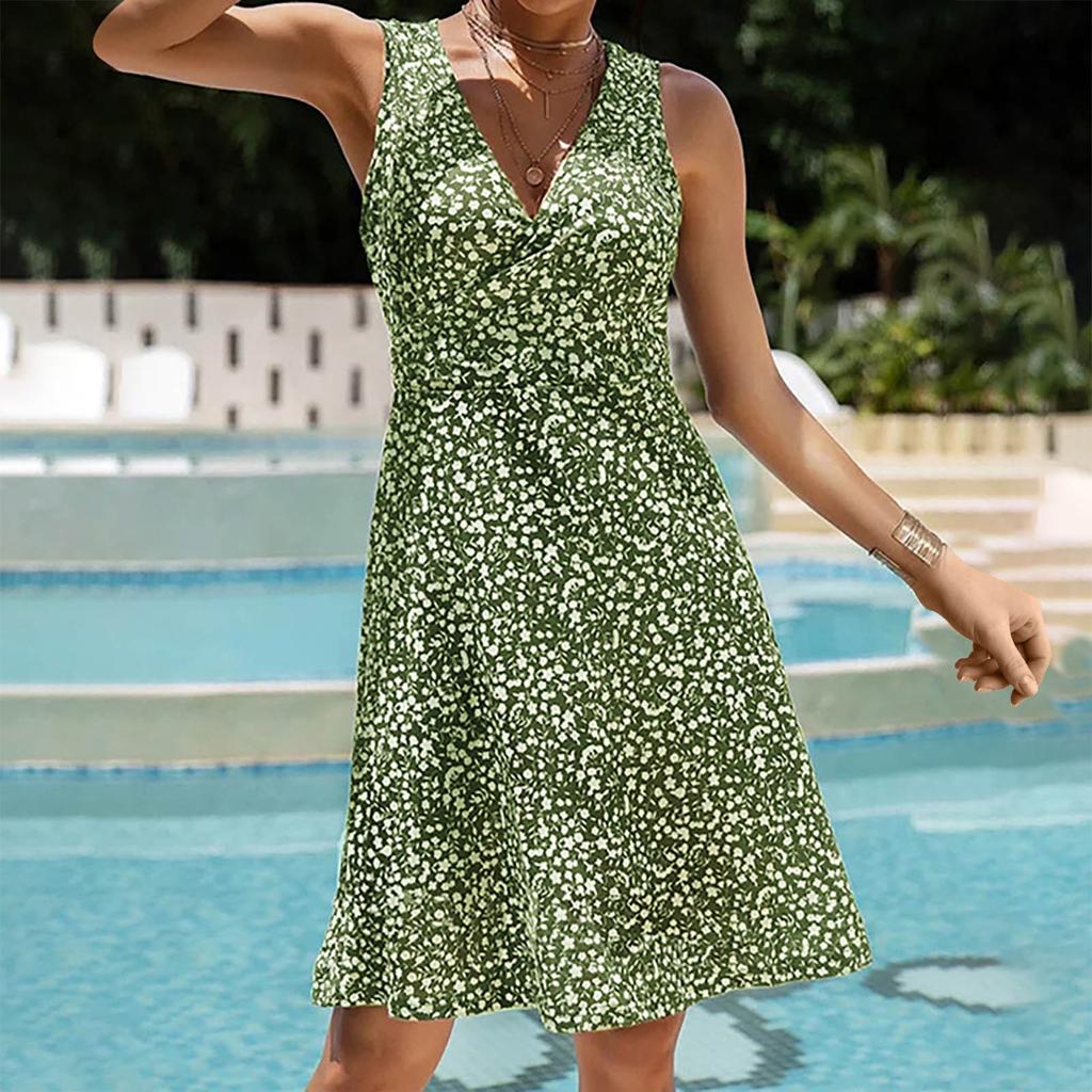 Ladies Sexy V-neck Mid-waist Floral Lace-up Sleeveless Vest And Swing Dress