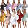 Long Sleeve Bodycon Dress Women Low Neck Rib Sexy Slim Fit Drawstring Pleated Wrapped Hip Mini Dress