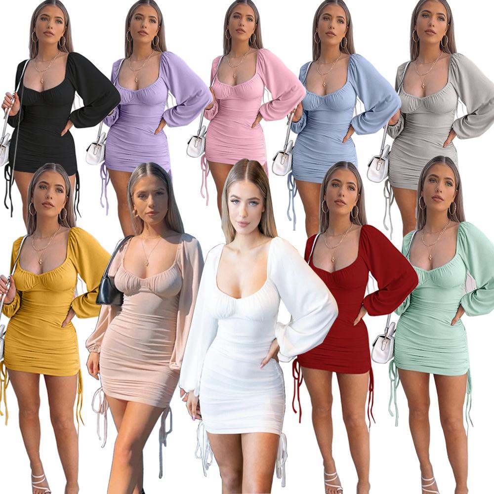 Long Sleeve Bodycon Dress Women Low Neck Rib Sexy Slim Fit Drawstring Pleated Wrapped Hip Mini Dress