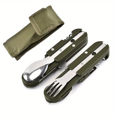 Army Green Folding Portable Stainless Steel Camping Picnic Cutlery Knife Fork Spoon Bottle Opener Flatware Tableware Travel Kit