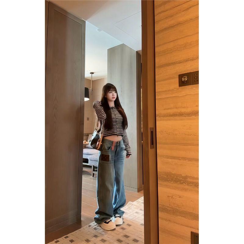 Kumikumi Graceful Retro Contrast Color Stripe Long sleeve Knit Women clothes Autumn Short Slimming Versatile Top