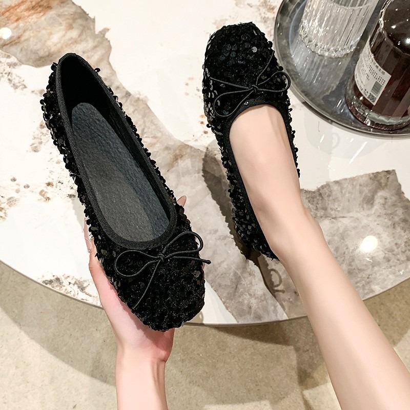 Gentle Evening Shoes Spring and Autumn New Shoes Square Head Light Mouth Flat Bottom Silver Sequined Fairy Single Shoes