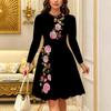 Women Long Sleeve Round Neck Midi Dress Boho Paisley Swirl All Over Print Flared Casual Dress