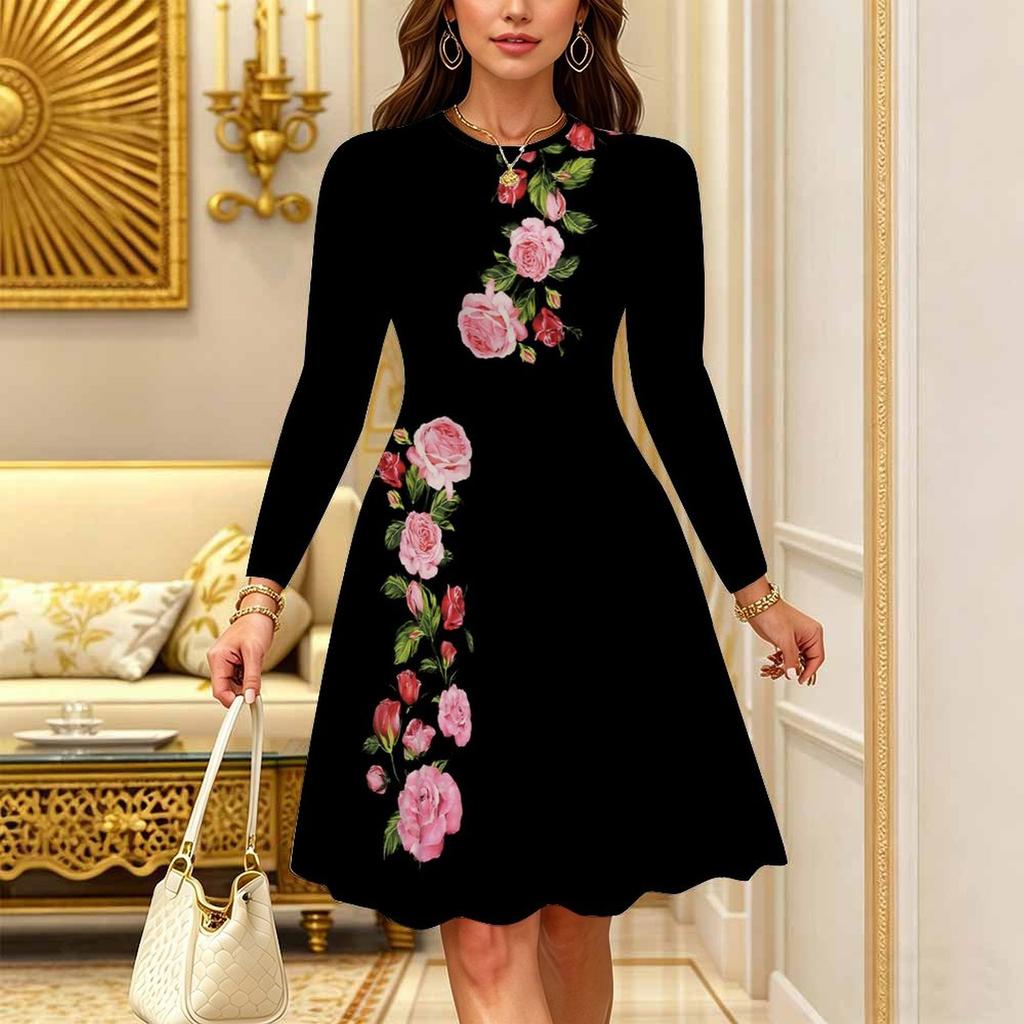 Women Long Sleeve Round Neck Midi Dress Boho Paisley Swirl All Over Print Flared Casual Dress
