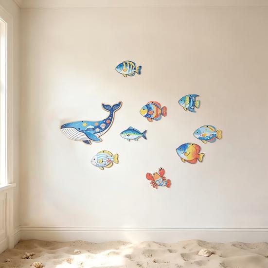 9 Pcs Summer Wood Nautical Beach Wall Decor Coastal Fish Lobster Whale Wall