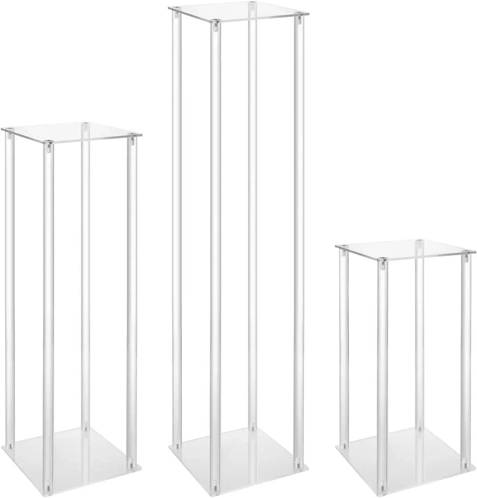 3Pcs High Clear Flower Stand, Rectangular Acrylic Flower Column, Removable Geometric Flower Shelves for Birthday Parties