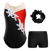 Girls Sleeveless Glittery Sequins Rhinestones Leotard V Front Waistband Shorts Hair Band Dance Gymnastic