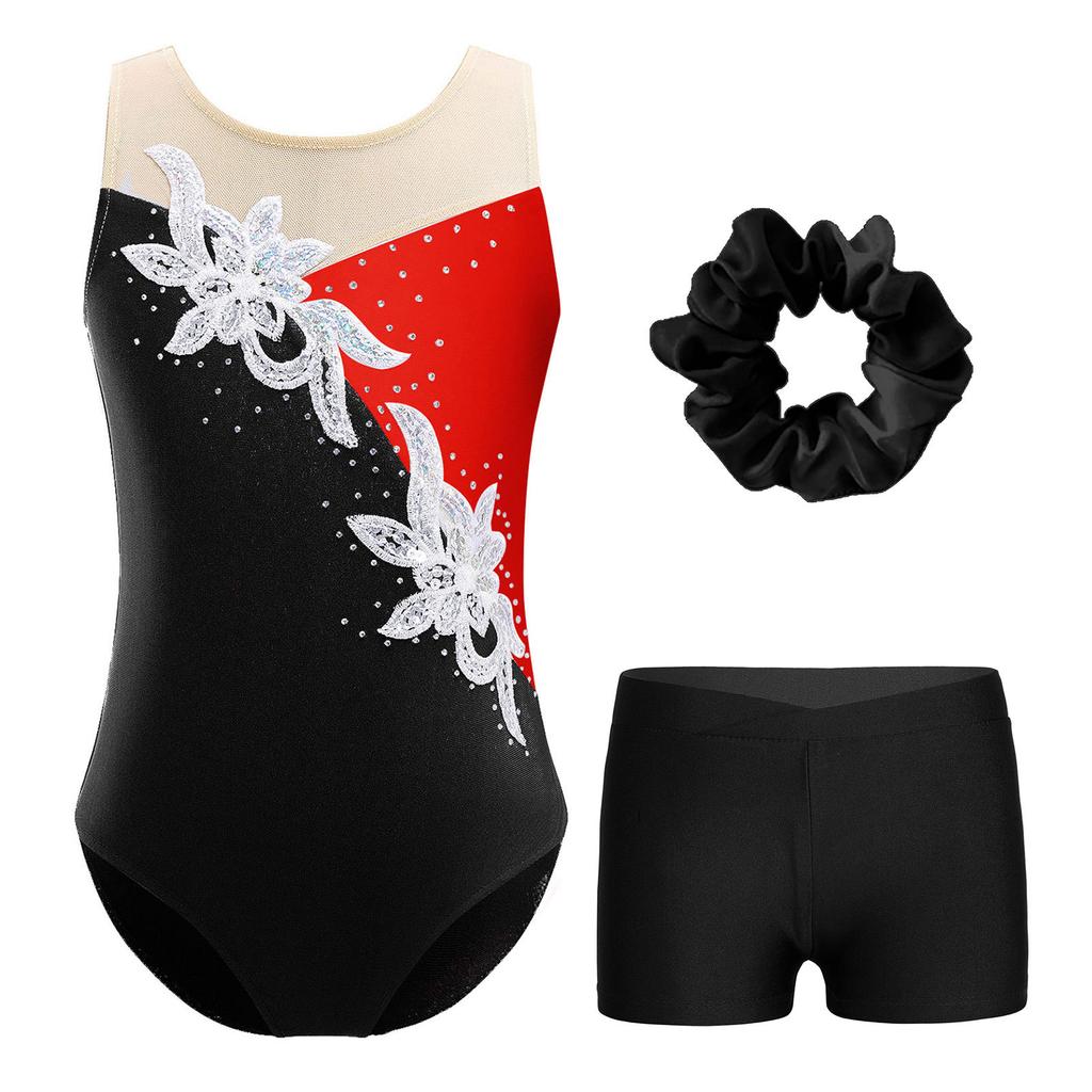 Girls Sleeveless Glittery Sequins Rhinestones Leotard V Front Waistband Shorts Hair Band Dance Gymnastic