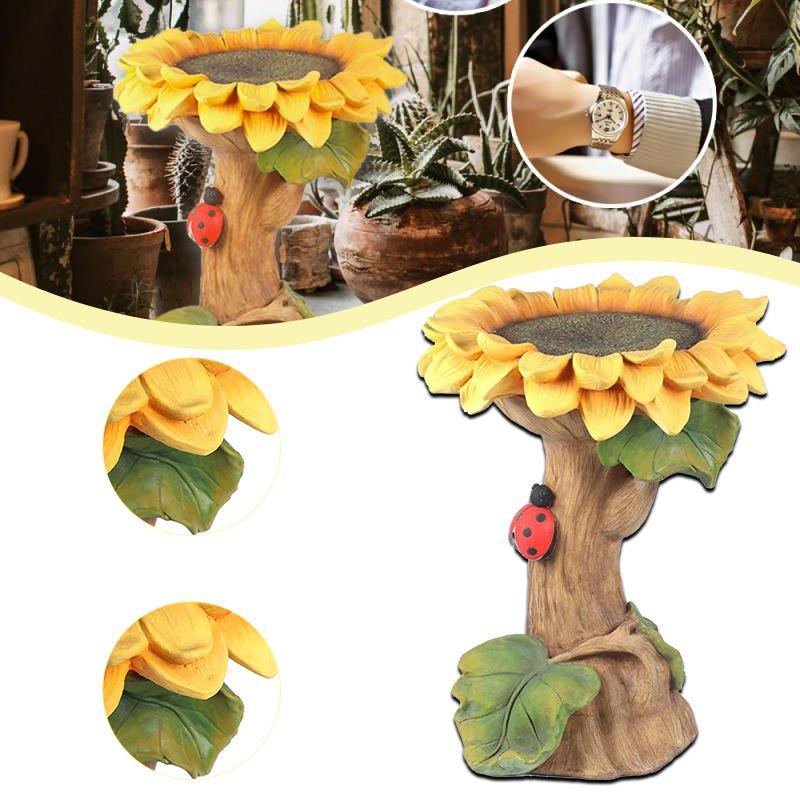 Charming Polyresin Sunflower Bird Bath With Stunningly Detailed Leaf And Ladybug Design