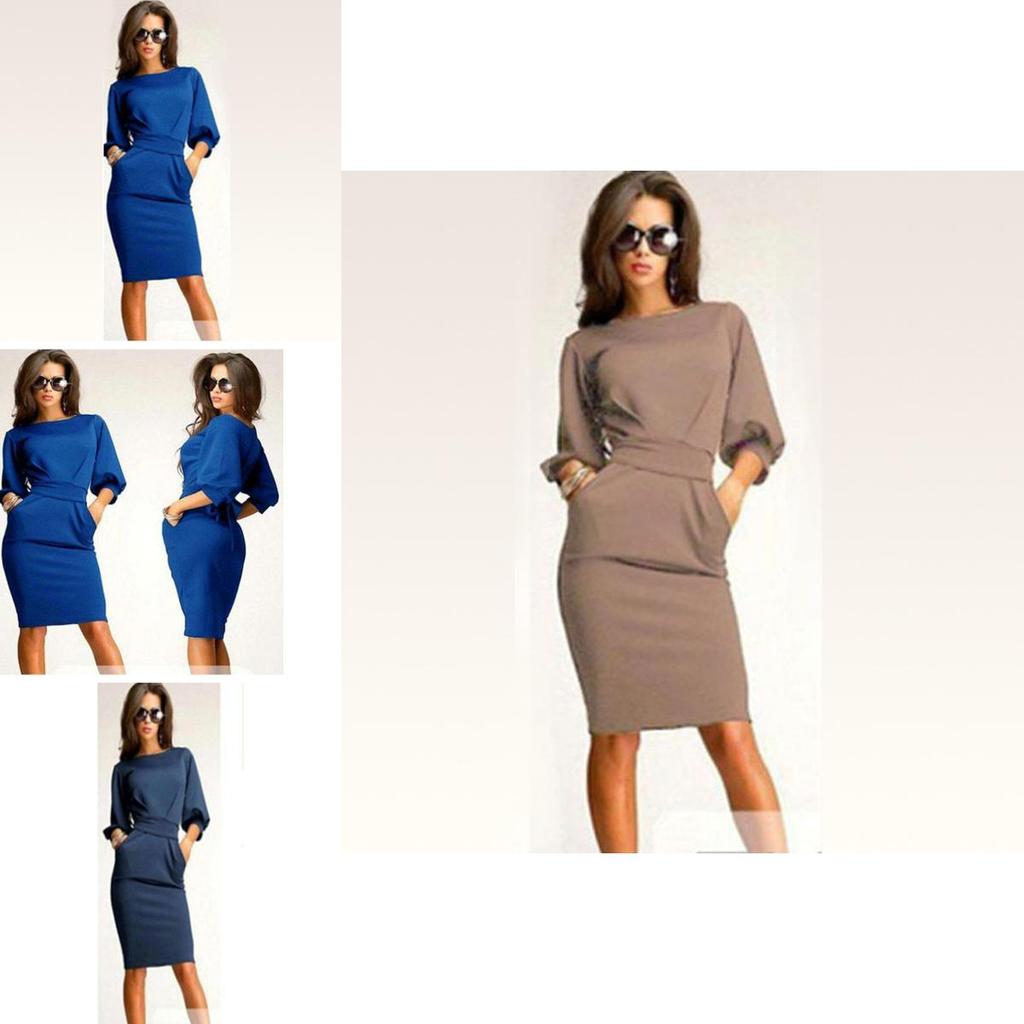 Elegant Women Fashion Sexy Fifth Sleeve Round Neck Pocket Bodycon Cocktail Dress