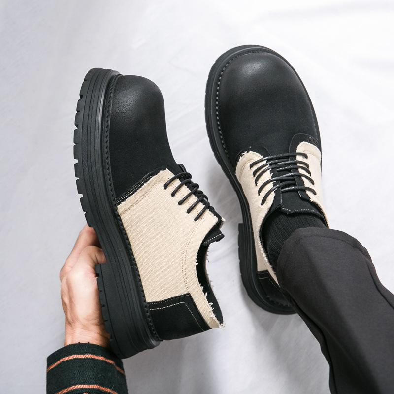 Foreign trade leather shoes men's new low-top thick-soled lace-up casual shoes color matching thick heel big head single shoes 2025