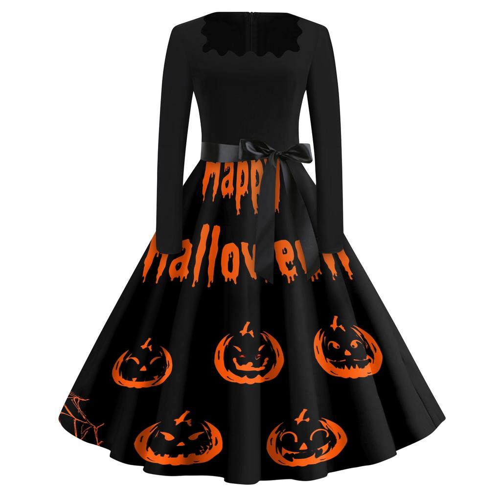 Women's Square Neck Retro Dress with Halloween Print for Casual Parties and Festive Occasions
