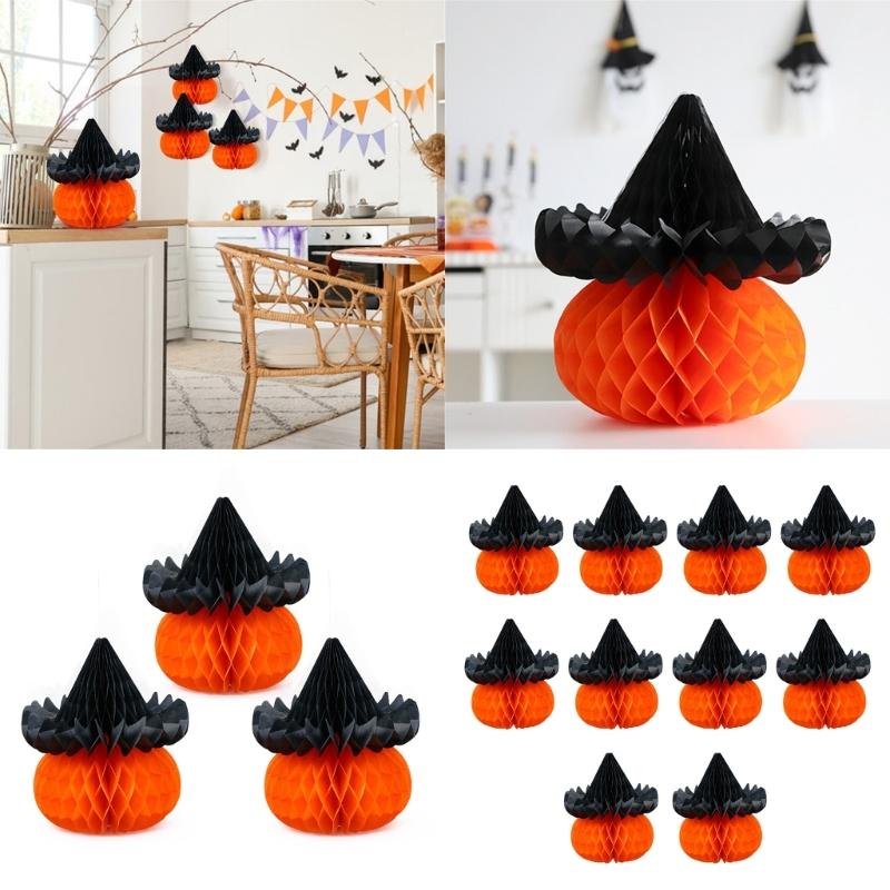 Set of 10 Orange Tissue Pumpkin Decorations Stylish Hanging Honeycomb Sphere for Halloween Festivities