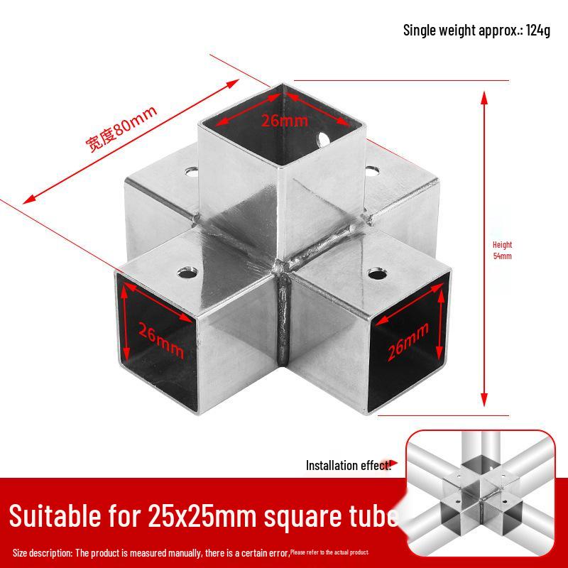 Złącza do kwadratowych rur ze stali nierdzewnej 25x25mm: Trójnik 90°, Czterodrogowy, Złączki bez spawania