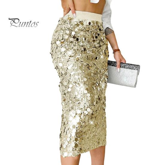 High-waisted Skirt Women High Waist Sexy Hip-Hugging Sequin Glitter Solid Midi Color Mid-calf Length Hip Wrapped Slimming Design Wedding Clubwear