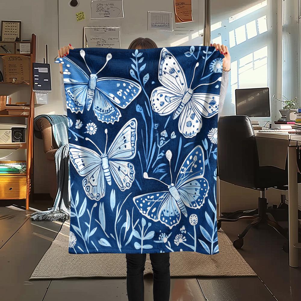 Blue and White Butterflies Print Flannel Blanket, High quality Comfortable for All Seasons, Home Decor, Warmth and Comfort