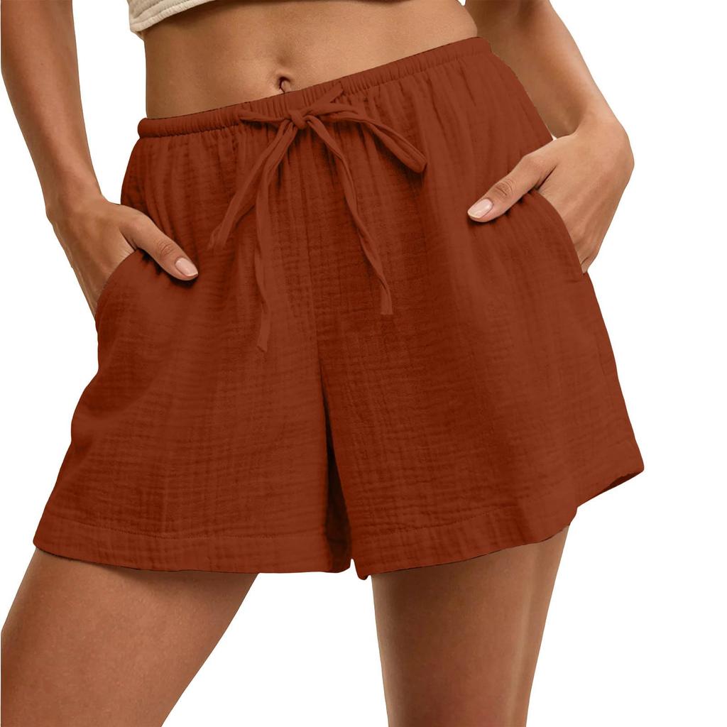 Women's Casual Drawstring Waist Shorts with Pockets Lightweight Cotton Linen Blend Relaxed Fit Summer Beachwear Bottoms