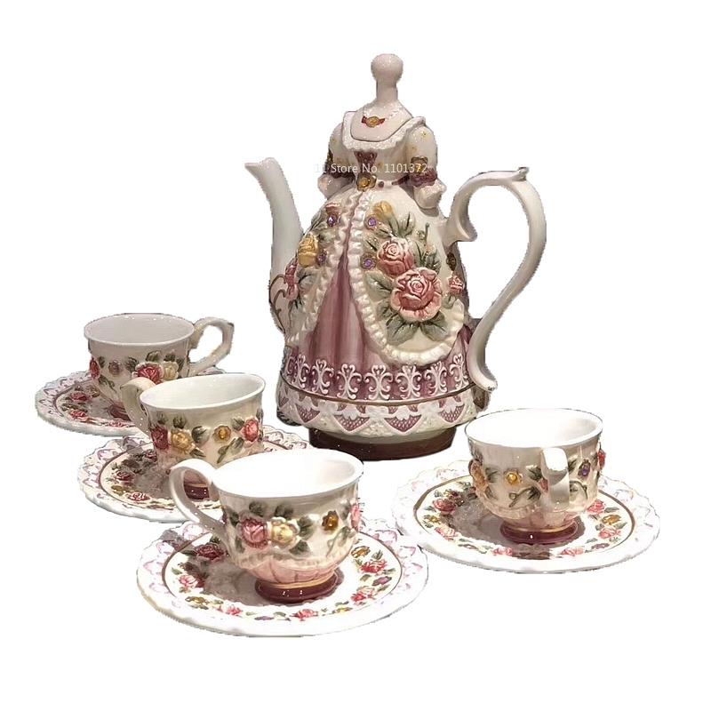 Rose European Ceramic Coffee Pot Cup and Plate Set Afternoon Camellia Tea Pot Tea Cup Wedding Gift   Tea Cup Set