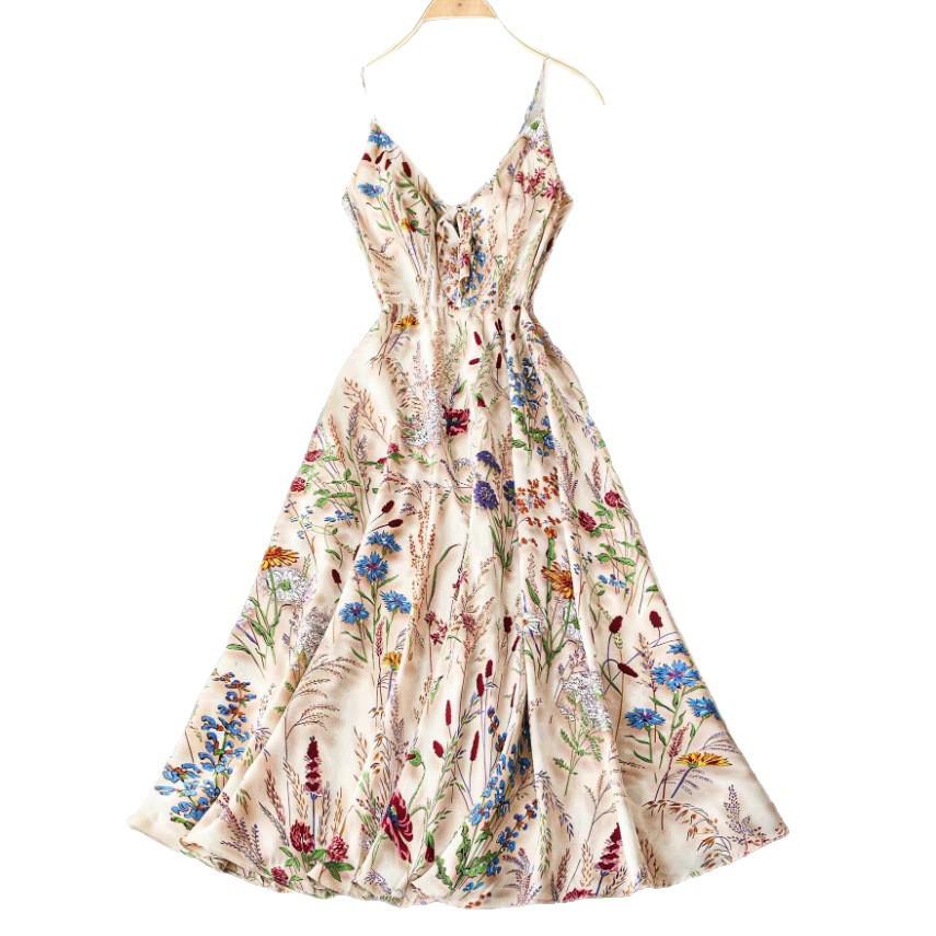 DamenMaxikleid mit Spaghettiträgern, Blumendruck und Bindekragen