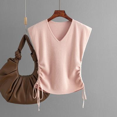 Sommer Damen Chic Kordelzug Kurz Slim Eisseide Strick Ärmellos V-Ausschnitt T-Shirt