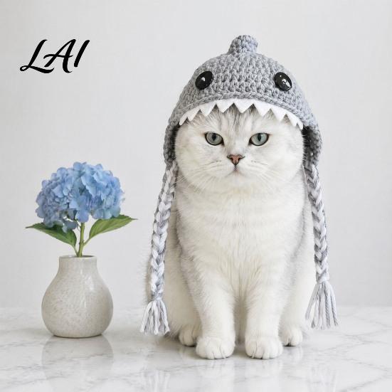 Crocheted Cat Hat Funny Shark Hat Pet with Braided Costume for Halloween Straps Soft Cute Knitted Cats Small Dogs Photography Props