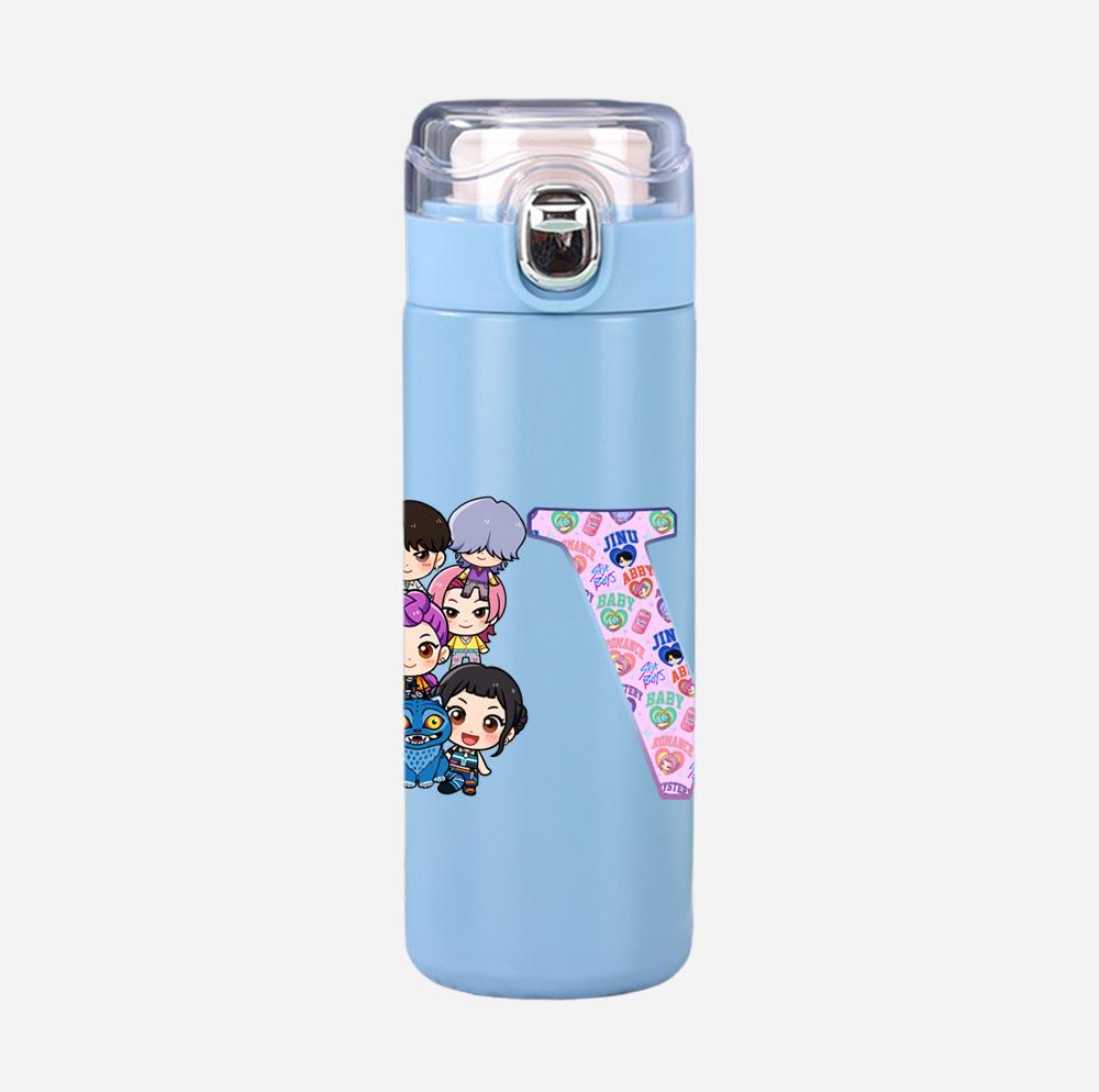 Anime K-Pop 26 English Letter Demon Hunters Printed 400Ml Water Bottle Thermos Cup Portable Stainless Steel Leak Proof Camping Water Cup Kid Gift