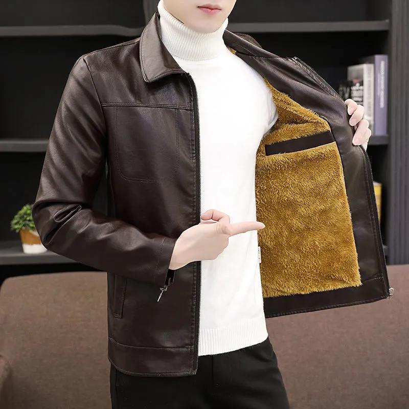 Men's Autumn WinterFleece Warm Handsome PU Leather Jacket