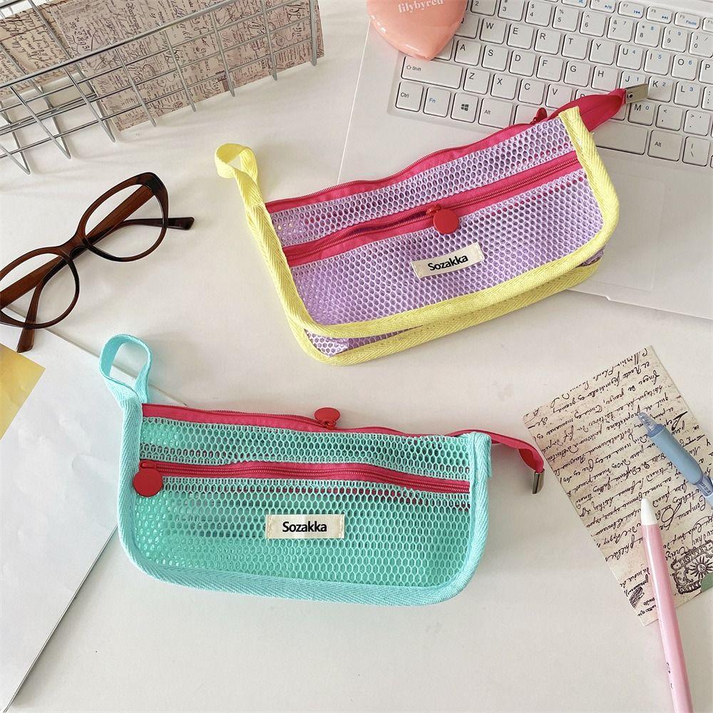 Double Layer Transparent Pencil Bag Nylon Zipper Stationery Bag Simple Mesh Pencil Case Travel