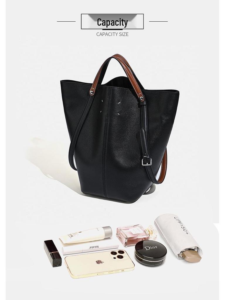 2025 Women's MM6 Equestrian Tote: Large-Capacity Cowhide Handbag, Stylish Commuter Bucket Bag