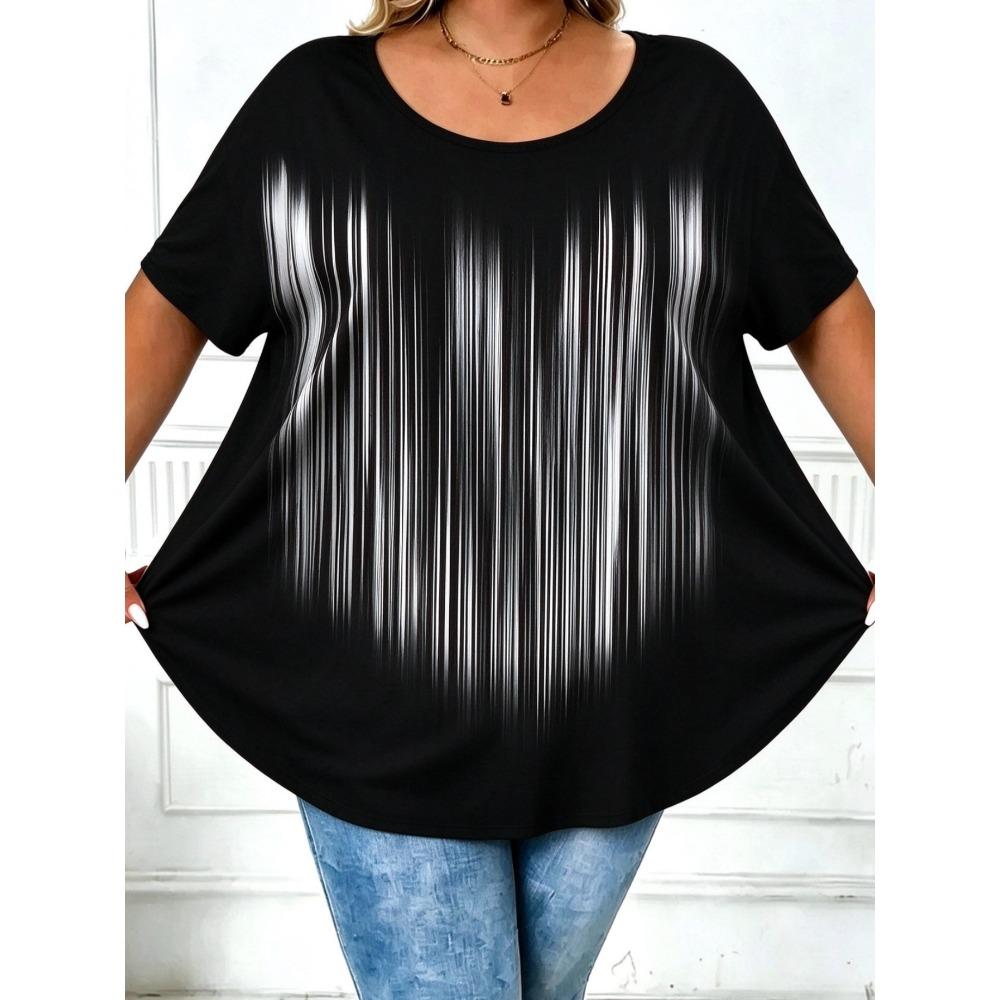 Creative Stripe Geometry 3D Printed Plus Size Short Sleeved T-shirt Fashionable Comfortable Soft Breathable Large Loose Women's Round Neck T-shirt