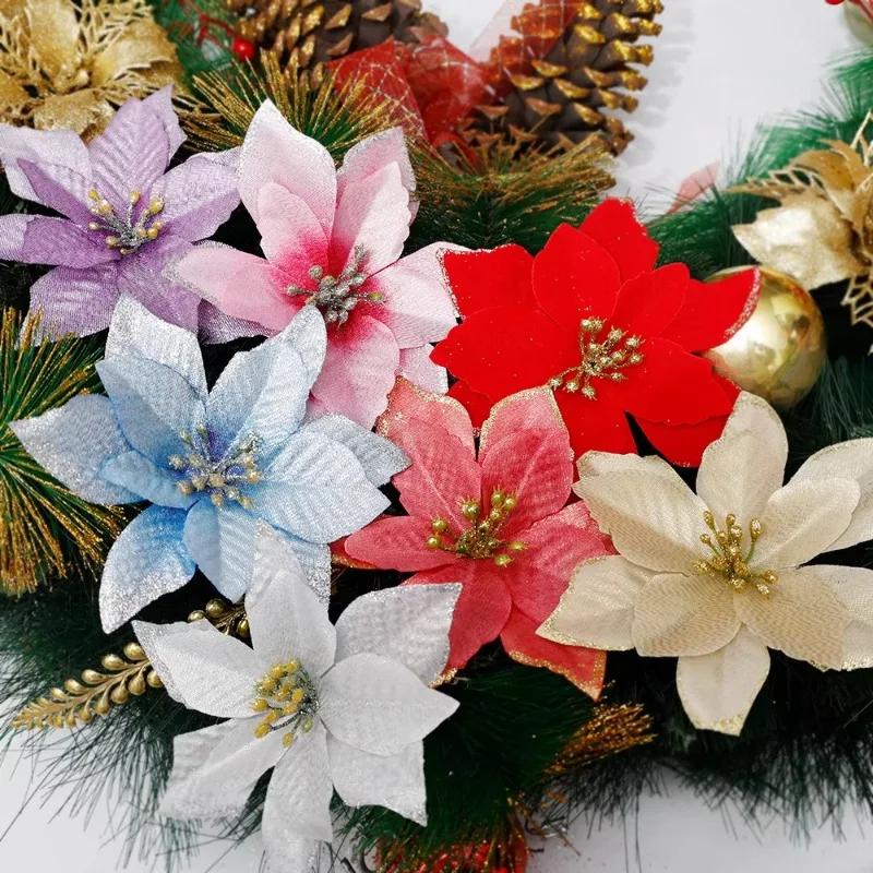 50/10PCS Red Gold Glitter Christmas Flowers Artificial Fake Flower Florals Garland Xmas Tree New Year Party Ornaments Home Decor