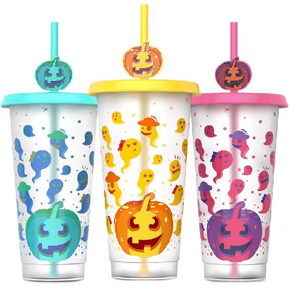 Color Changing Cups, 5-Pack 24 oz Plastic Cups with Lids and Straws, Tumblers and Water Glasses for Adults, Kids Party, Cute Cups for Ice Drink