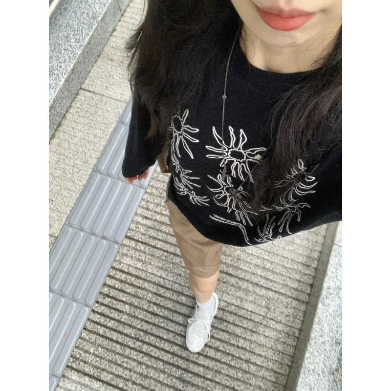 Lazy Pure Cotton American Retro Sun Long-sleeved T-shirt for Women Autumn New Loose Casual Versatile Top