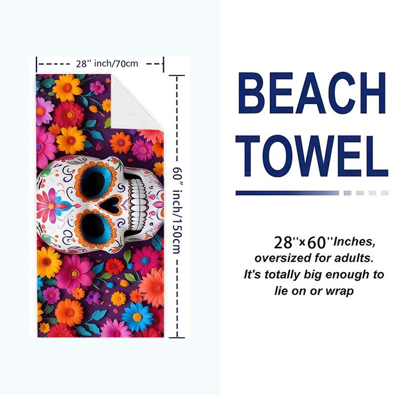 Floral Skull Art Print Beach Towel, Large Soft Quick Dry Towel for Beach Camping Swimming