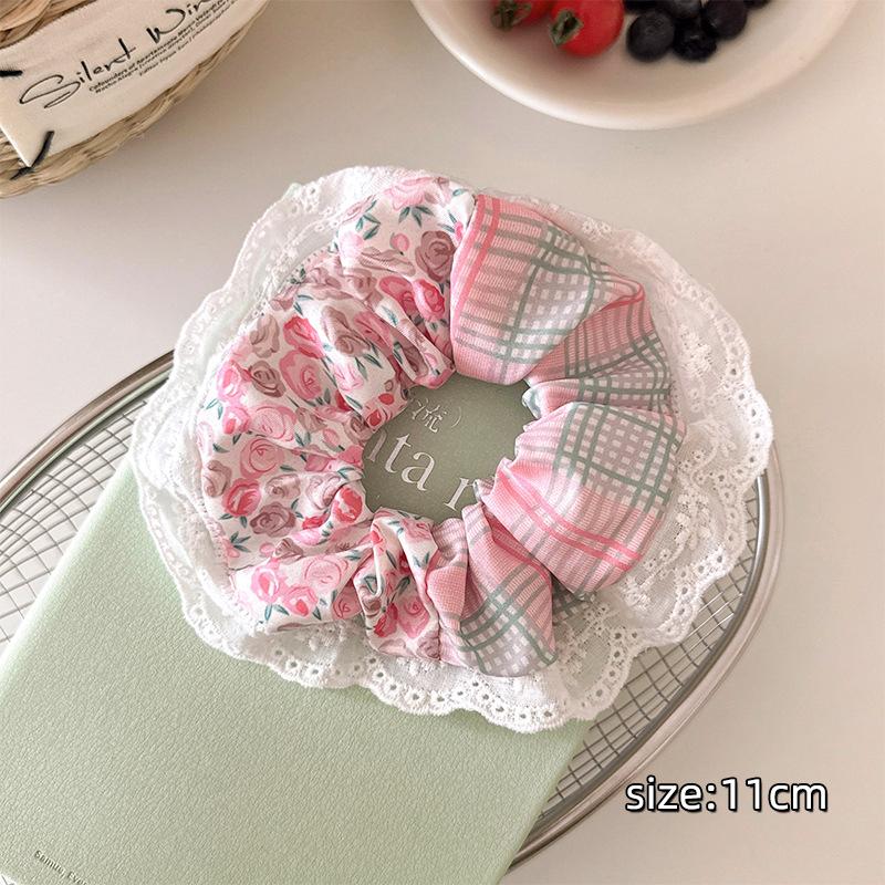 1pc Sweet Lace Floral Pink Checkered Large Intestine Hair Ring,back of Head Tied Hair Rope Ponytail Head Rope Versatile Hair Tie
