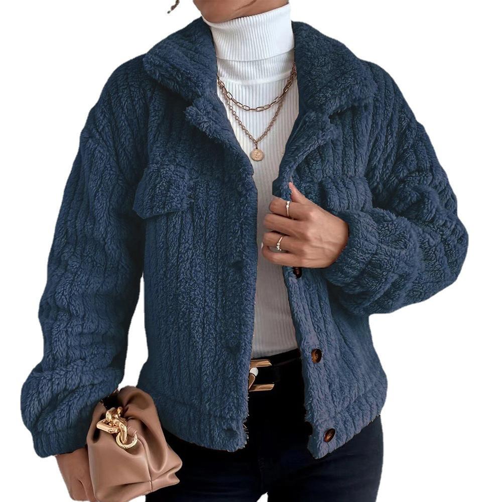 

2023 осень/зима женское бархатное удобное повседневное утолщенное плюшевое пальто с лацканами XXL темно-синий