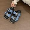 2025 Summer New Denim Casual Flat Bottom Square Head Buckle with Slippers Women's Sandals Wear Versatile Slippers Women's Trend