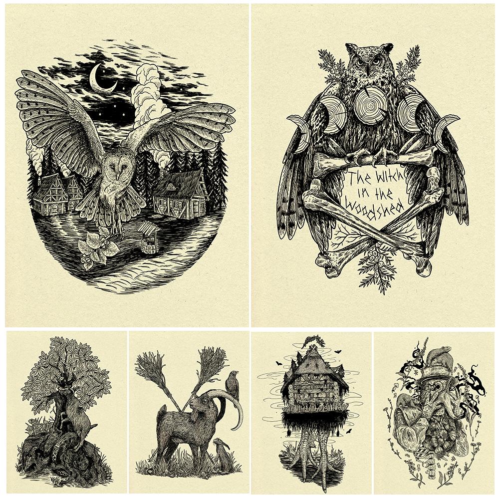 

Баба Яга, болотный коттедж и доктор-вредитель, винтажный настенный художественный холст с принтом, ведьма джунглей, волшебные животные, элементы, художественный постер