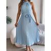 Sleeveless Summer Pleated A-line Dress Casual Solid Color Loose Party Lace-up Elegant Dresses Fashion Midi Sweet Stand Collar Holiday Clothing