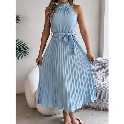 Sleeveless Summer Pleated A-line Dress Casual Solid Color Loose Party Lace-up Elegant Dresses Fashion Midi Sweet Stand Collar Holiday Clothing