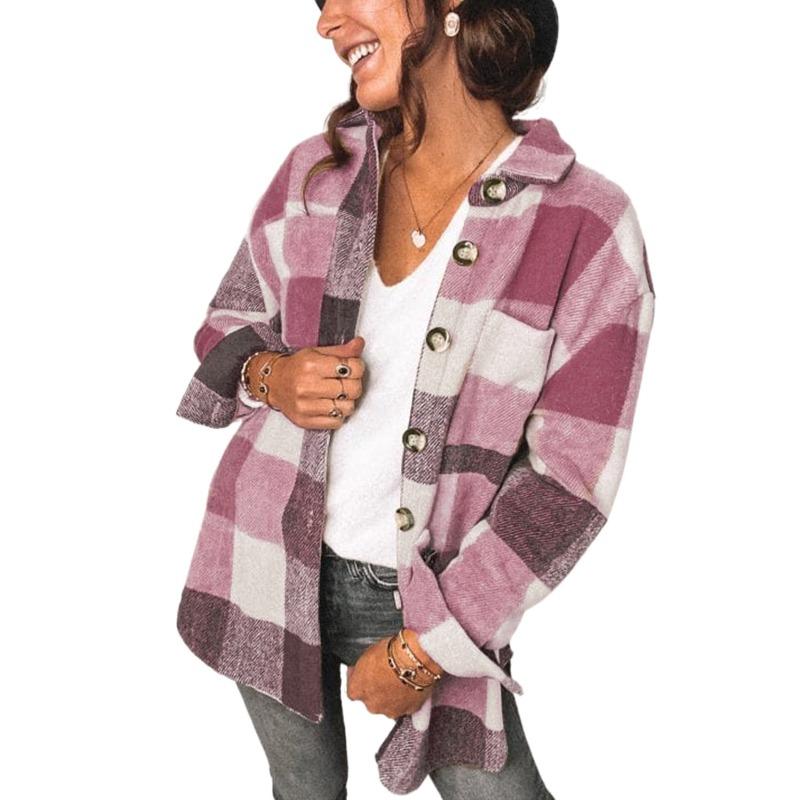 women s Loose Fit Plaid Print Lapel Single Breasted Long Sleeve Casual Shacket Shirt Jacket Blouse S красный