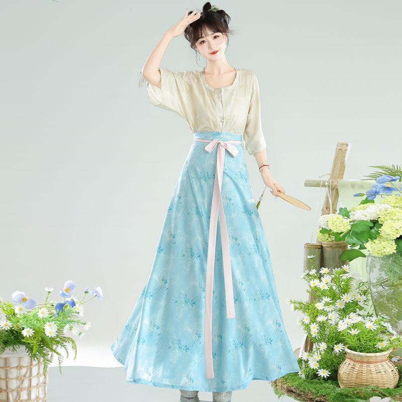 Chinese Tang Dynasty Style Hanfu Printed Tang Robe Top Waist Skirt Modified Daily Suit For Women