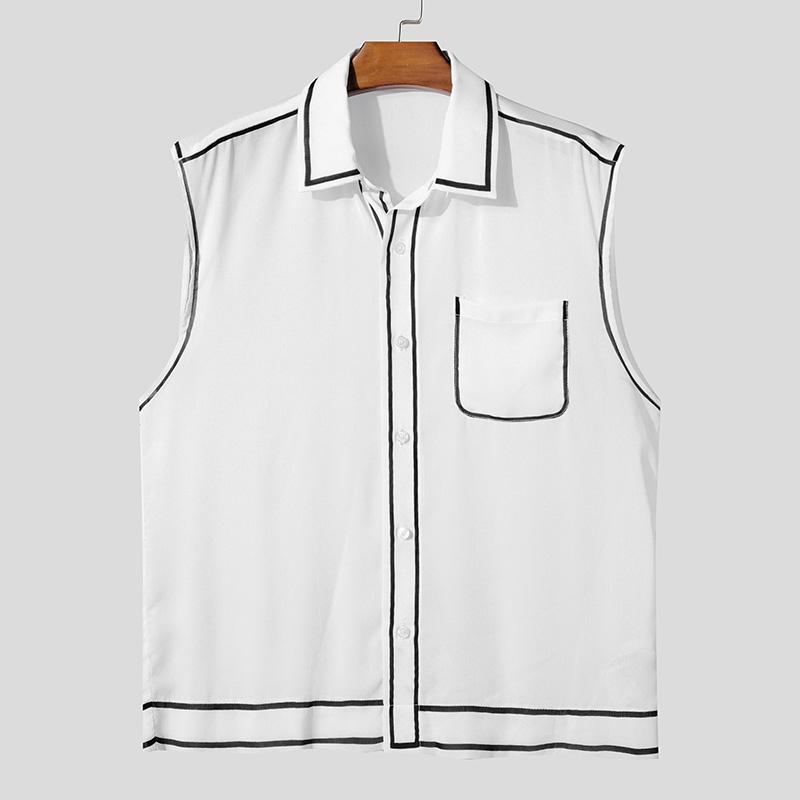 INCERUN Men Lapel Neck Sleeveless Buttons Up Stitching Semi-Sheer Casual Tank Tops