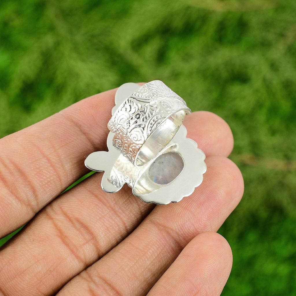Womens day Deal Sterling Silver Natural Rainbow Moonstone Solitaire Ring Jewelry